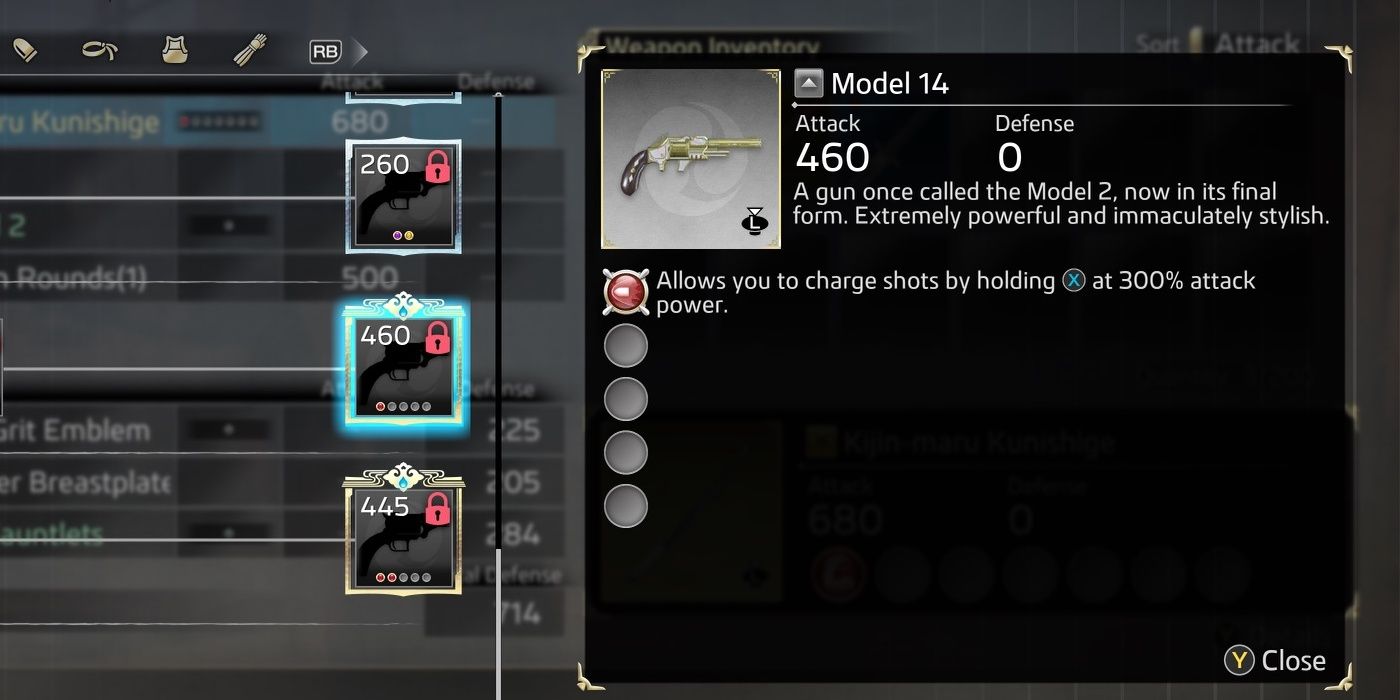 The Model 14's item description and augments in the crafting menu.
