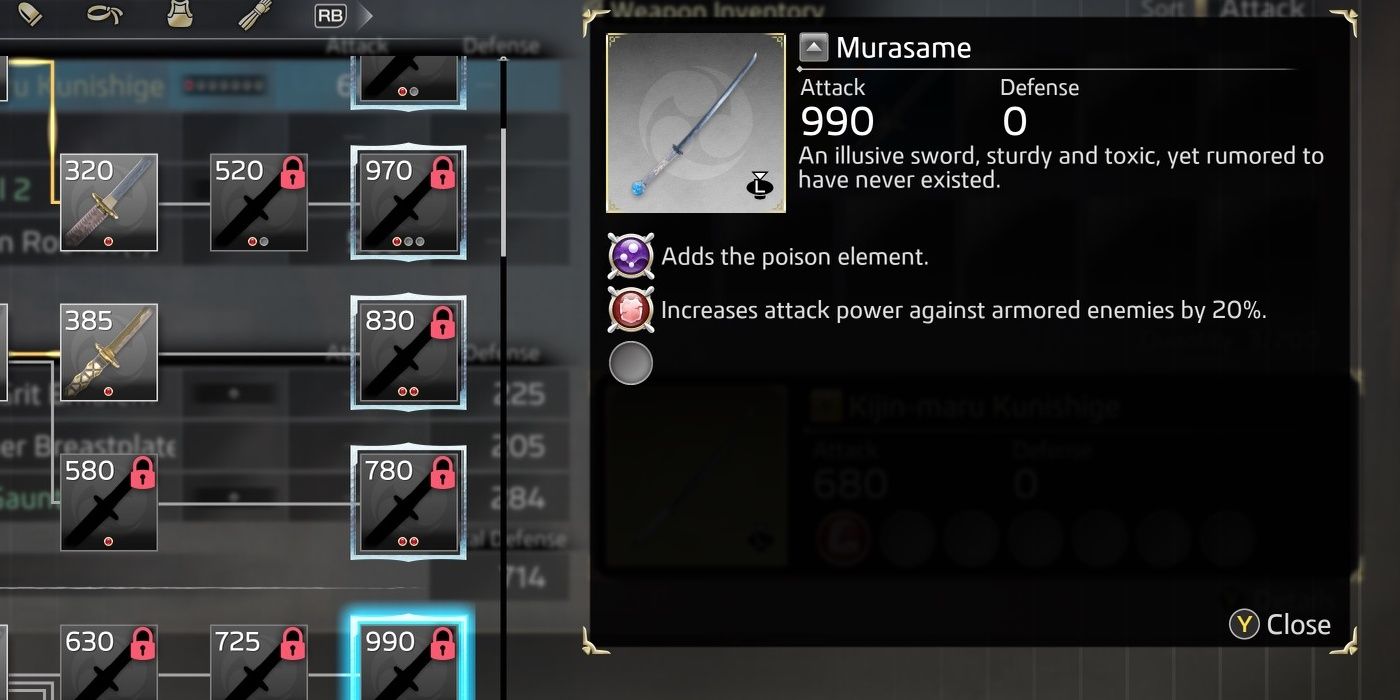 Murasame's item description and augments in the crafting menu.