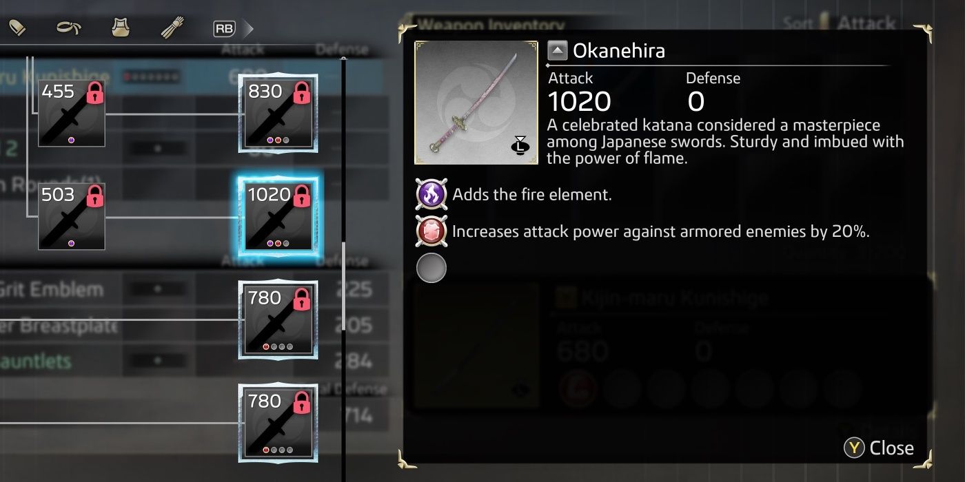 Okanehira's item description and augments in the crafting menu.