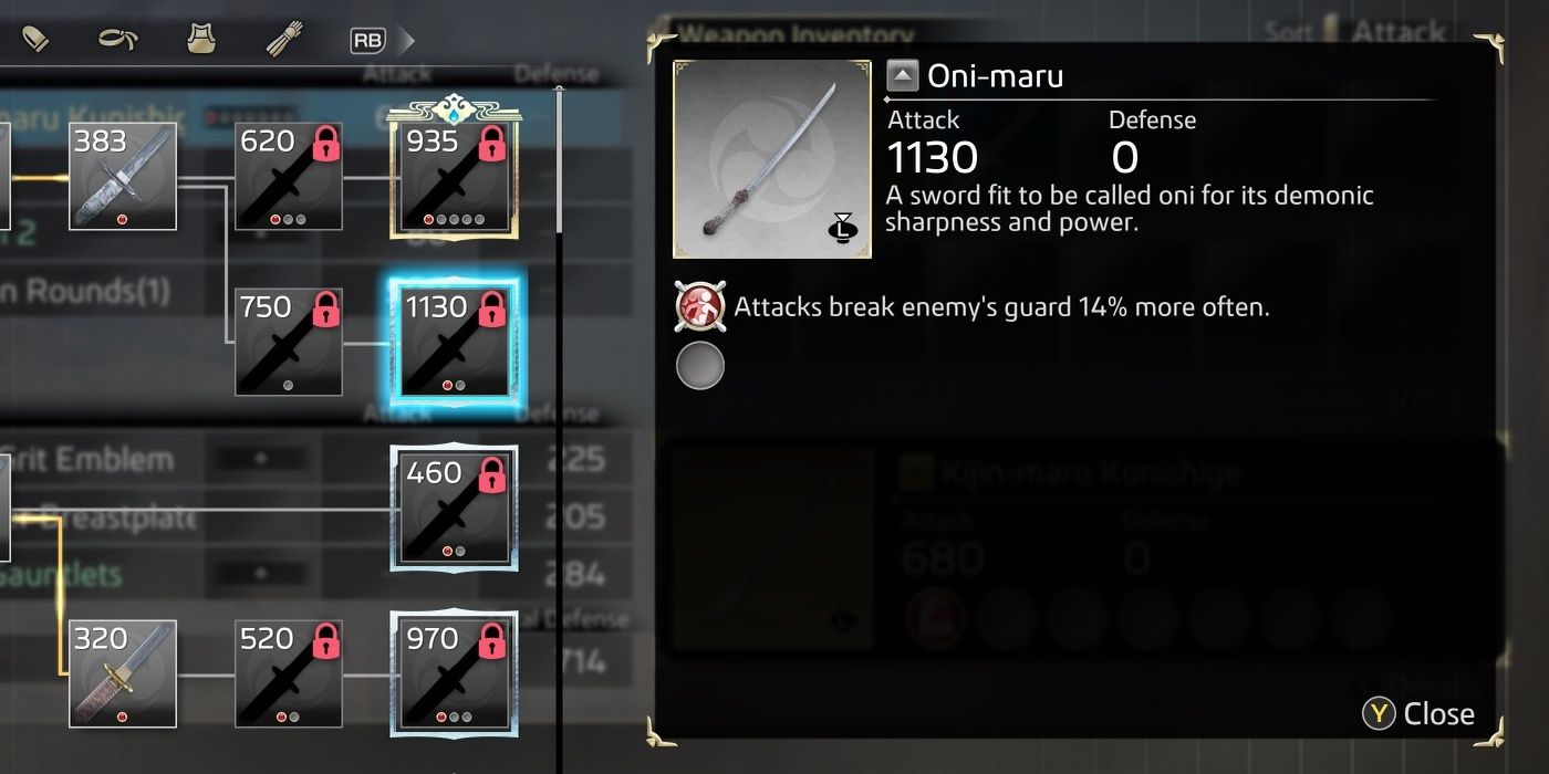 Oni-Maru's item description and augments in the crafting menu.