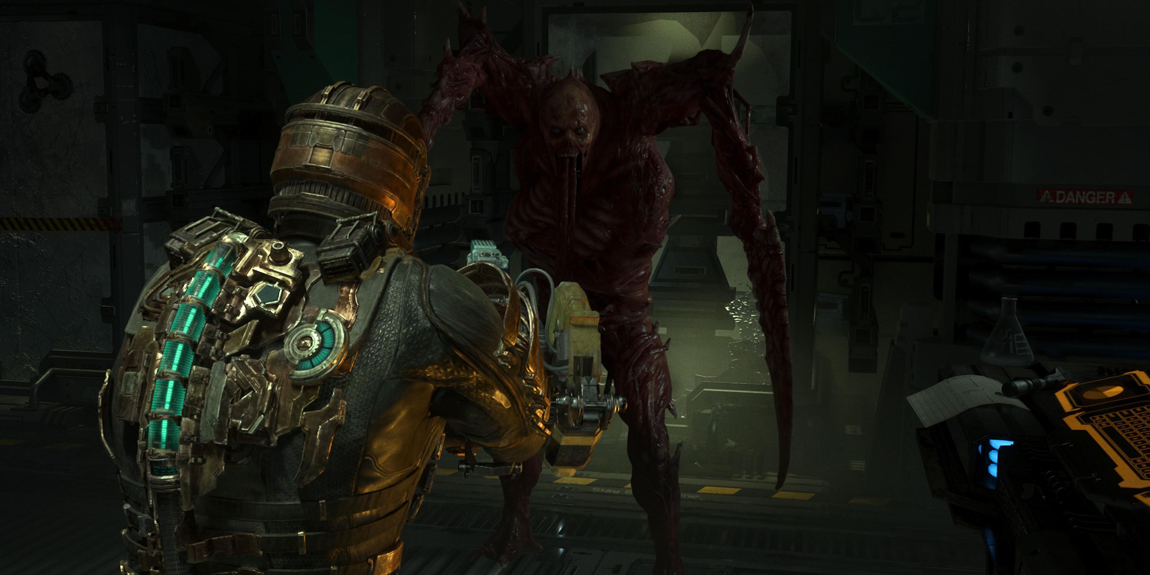 Issac pointing his plasma cutter at the hunter necromorph in Dead Space