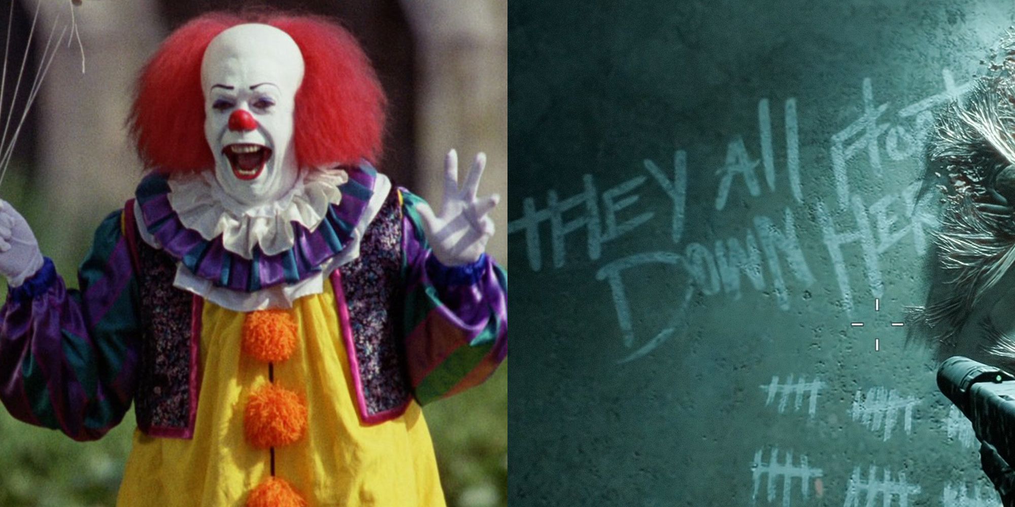 Split image with two photos. The left is Pennywise from the It mini-series. The right is a wall from Back 4 Blood with "They all float down here" written on it.