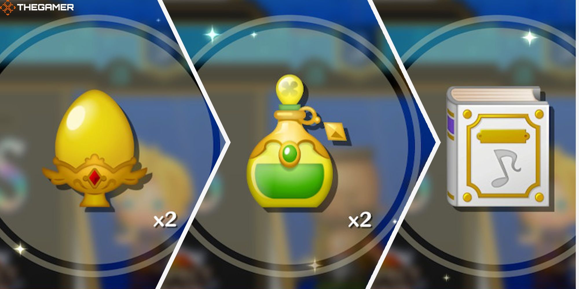 A Gold Growth Egg, Luck Plus Power-Up, and Ruin Scroll from Theatrhythm: Final Bar Line.