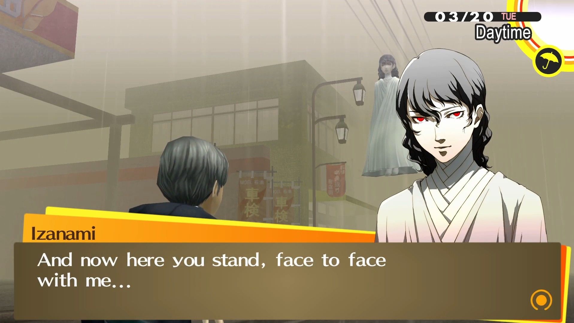 izanami revealing herself to yu by the moel gas station in persona 4 golden