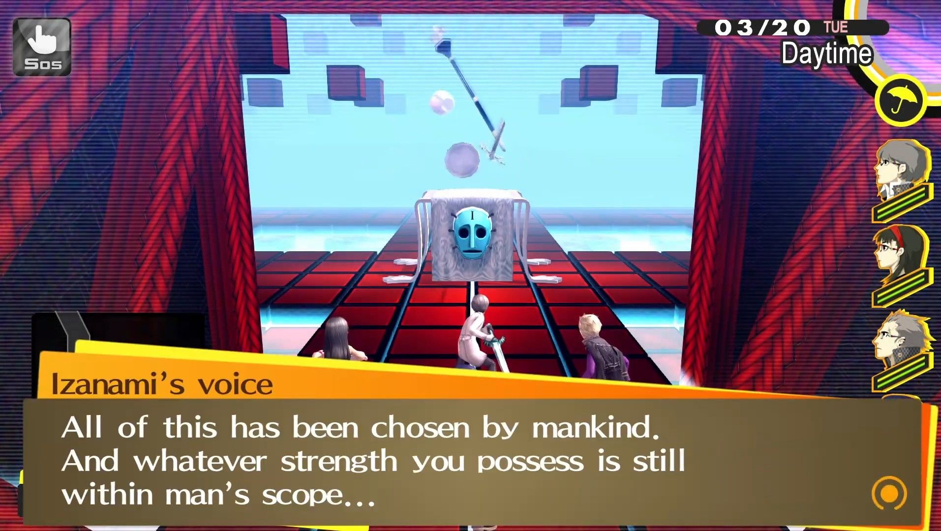 izanami taunting the investigation team before they fight sleeping table in yomotsu hirasaka in persona 4 golden