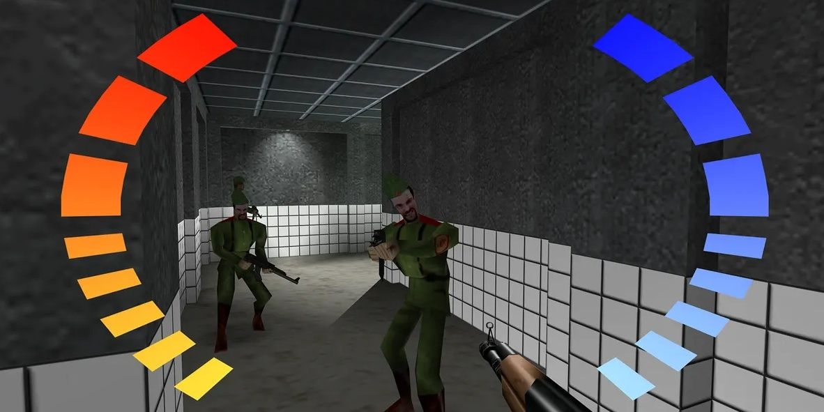 James Bond aiming at two Russian soldiers in Goldeneye