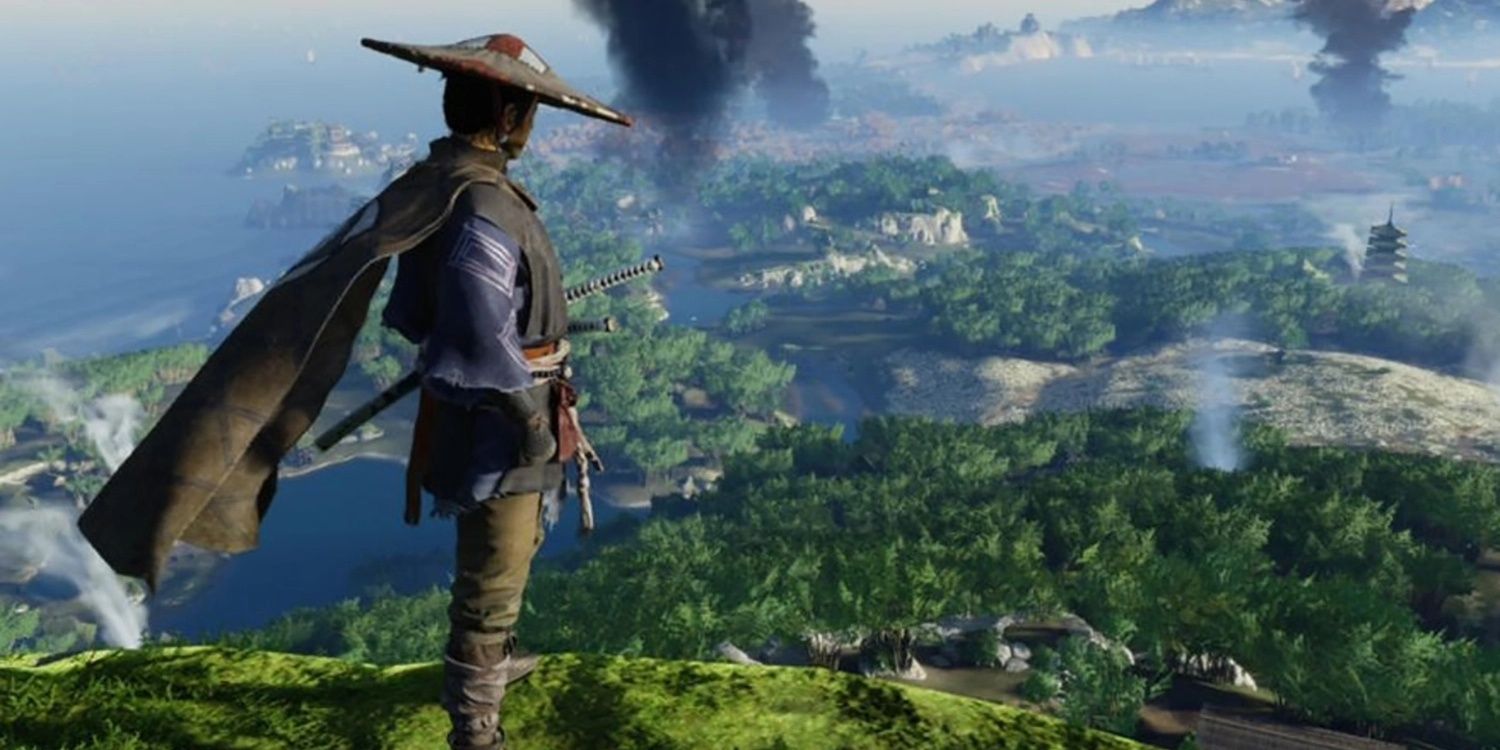 Jin looking down on Tsushima from mountain in Ghost of Tsushima
