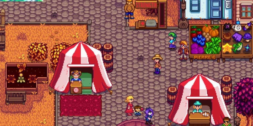 Townsfolk busing around a large festival in Stardew Valley the video game