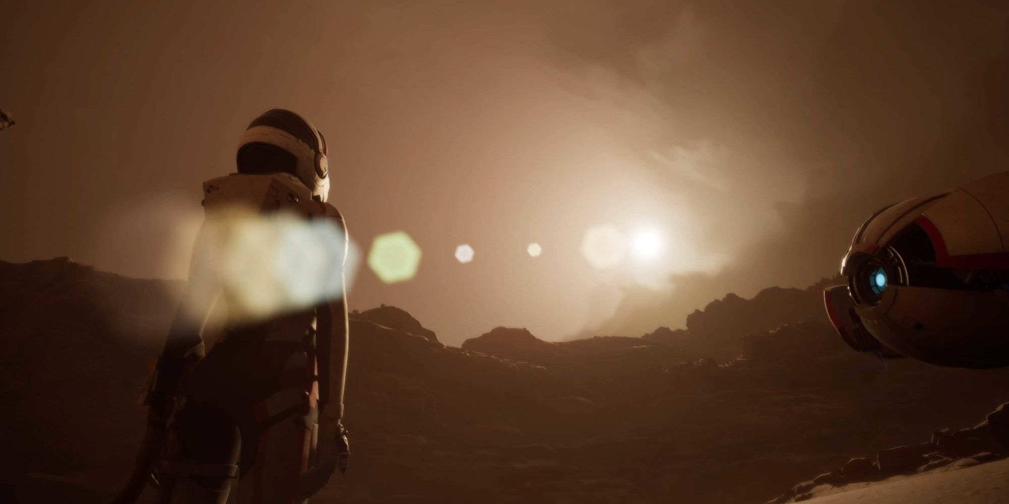 Kathy and her flying spherical robot ayla looking over the Martian sand dunes as the sun flares through her visor