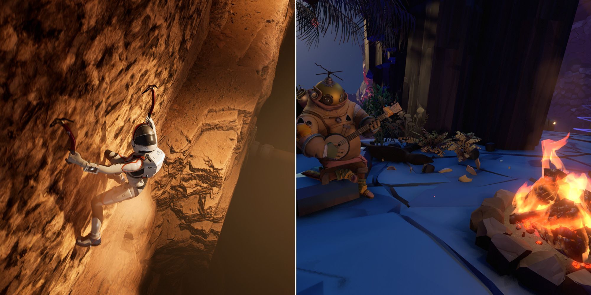 Kathy Johannson Scaling A Cliff In Deliver Us Mars - Sitting with Riebeck At A Campfire In Outer WIlds