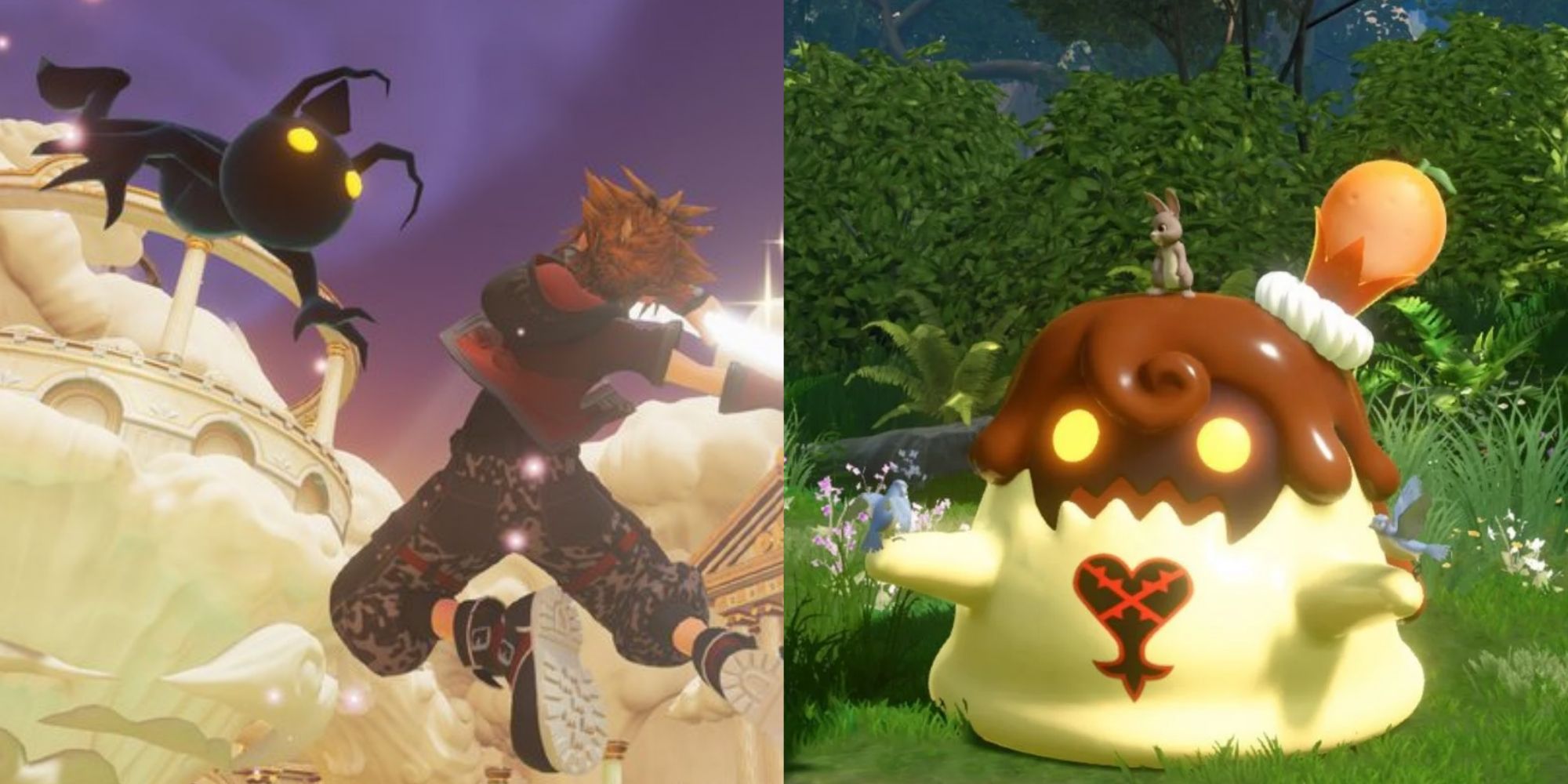 Split image screenshots of Sora attacking a Shadow Heartless and a Flan Heartless in Kingdom Hearts 3.