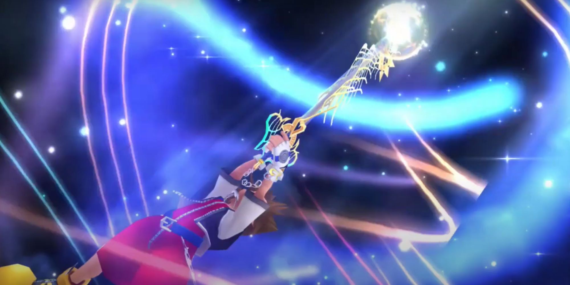 Sora pointing his Keyblade up with both hands to summon in Kingdom Hearts.