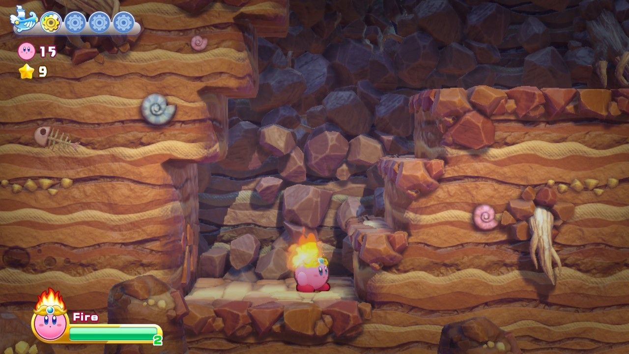 Кирби входит в третью часть четвертого этапа Cookie Country в Kirby's Dream Land Deluxe — под лестницей из камня