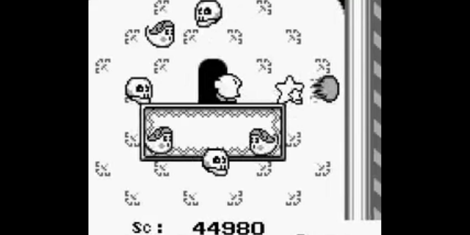 Kirby blows air as enemies circle around him in Kirby's Dream Land.