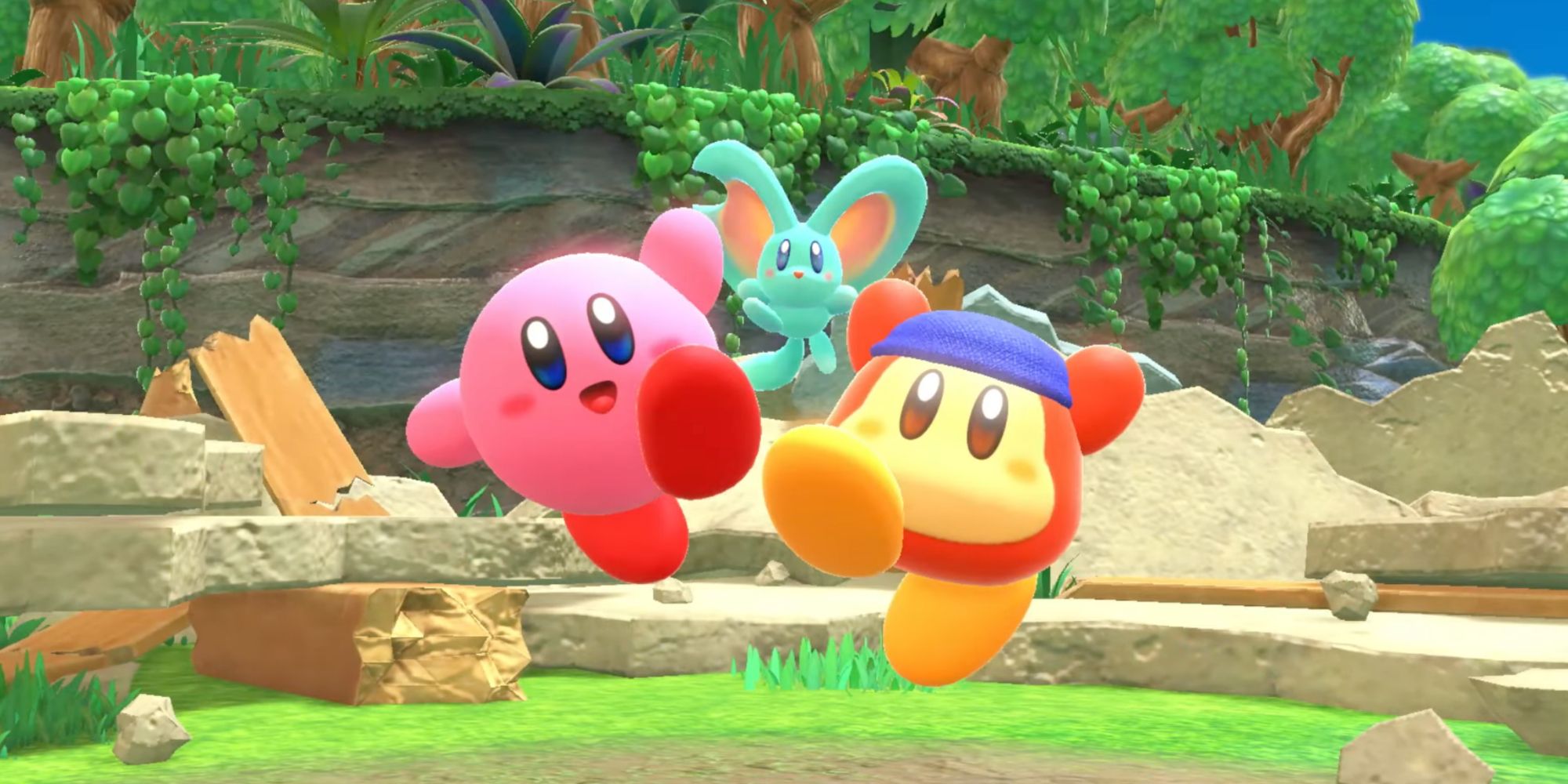 Kirby, Waddle Dee, and Elfilin's Victory Animation From Kirby and the Forgotten Land