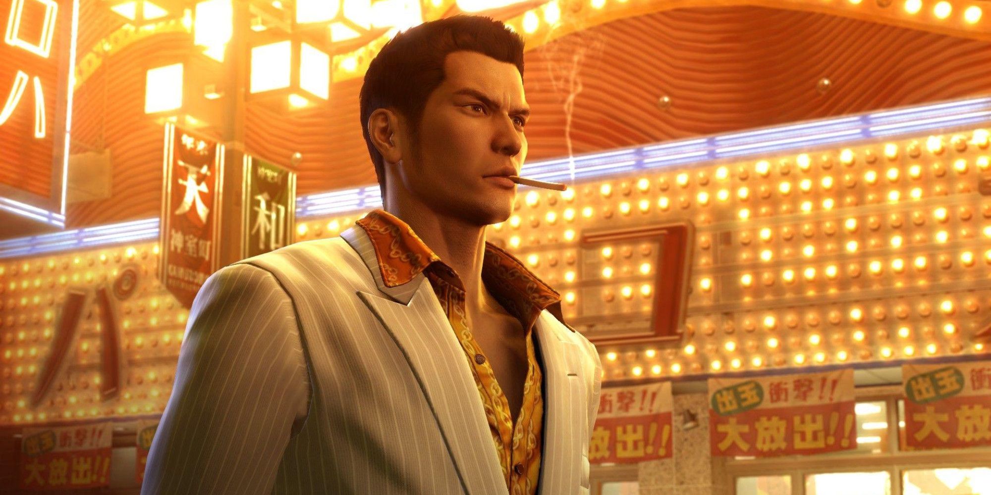 Kiryu walking the city streets in Yakuza 0 with a cigarette in his mouth