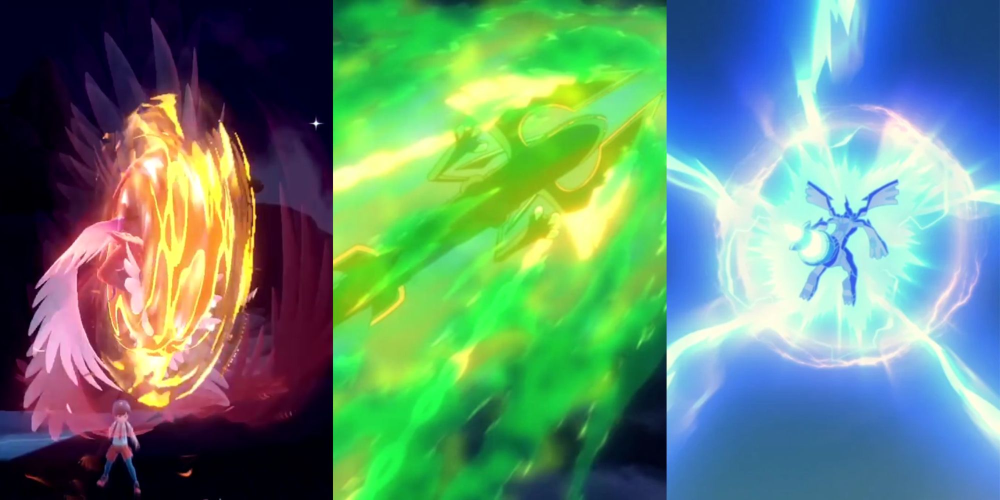 Pokemon: Koraidon, Rayquaza, and Zekrom using their signature moves Collision Course, Dragon Ascent, and Fusion Bolt