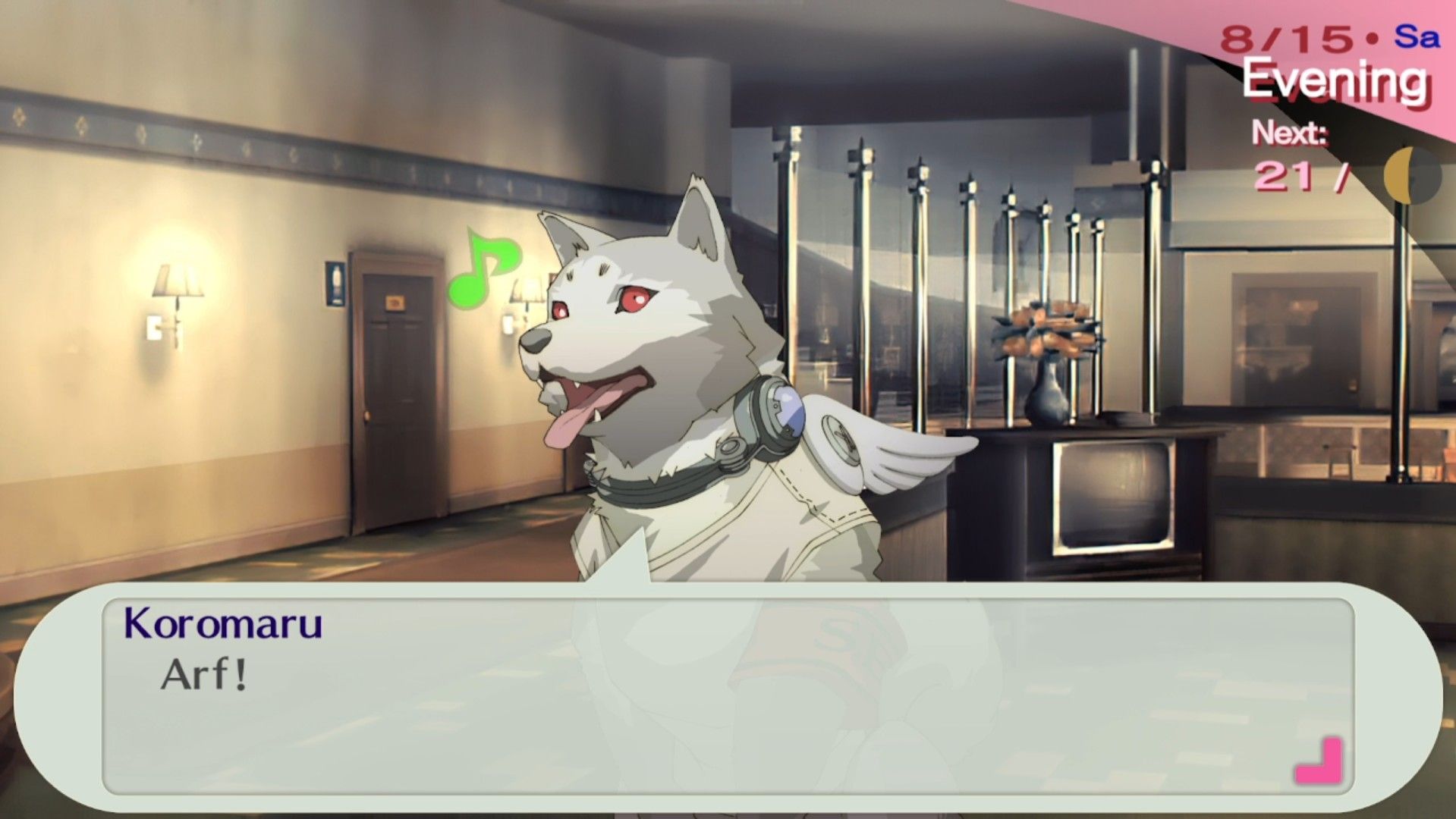 koromaru with a happy music note in the iwatodia dorm lounge in persona 3 portable