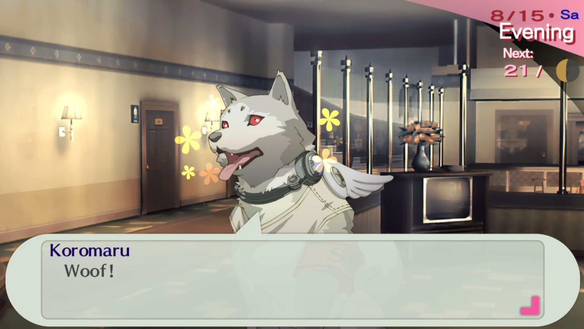 koromaru woofing with flowers around his face in the iwatodai dorm lounge in persona 3 portable