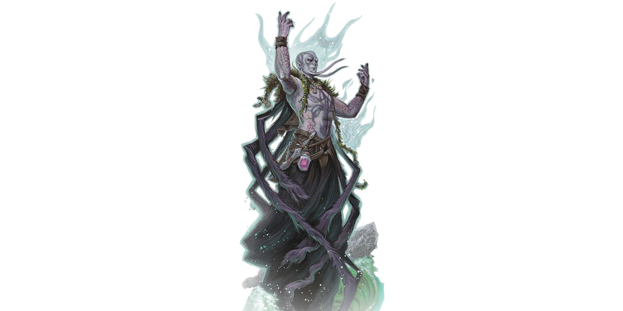 A pale priest surrounded by waves of water and black tentacles