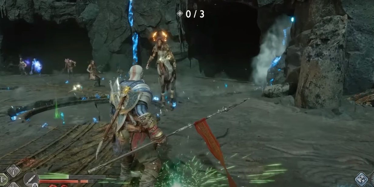 Kratos facing a stalker in the Shield Breaker challenge