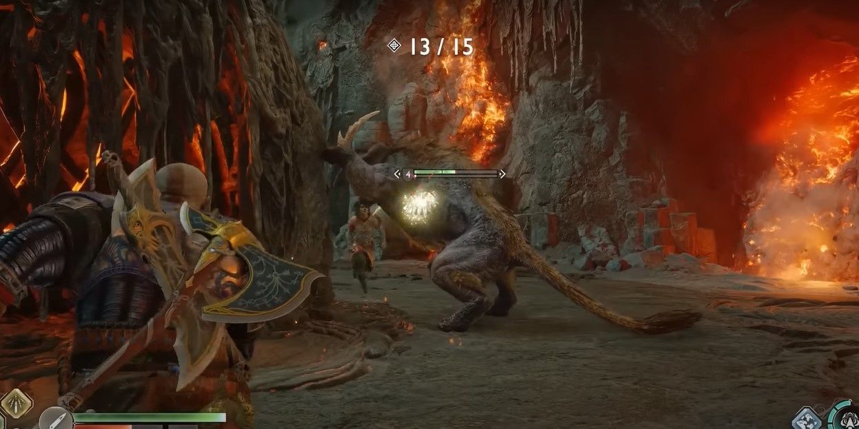 Kratos throwing a spear at a dodher beast in Flawless trial