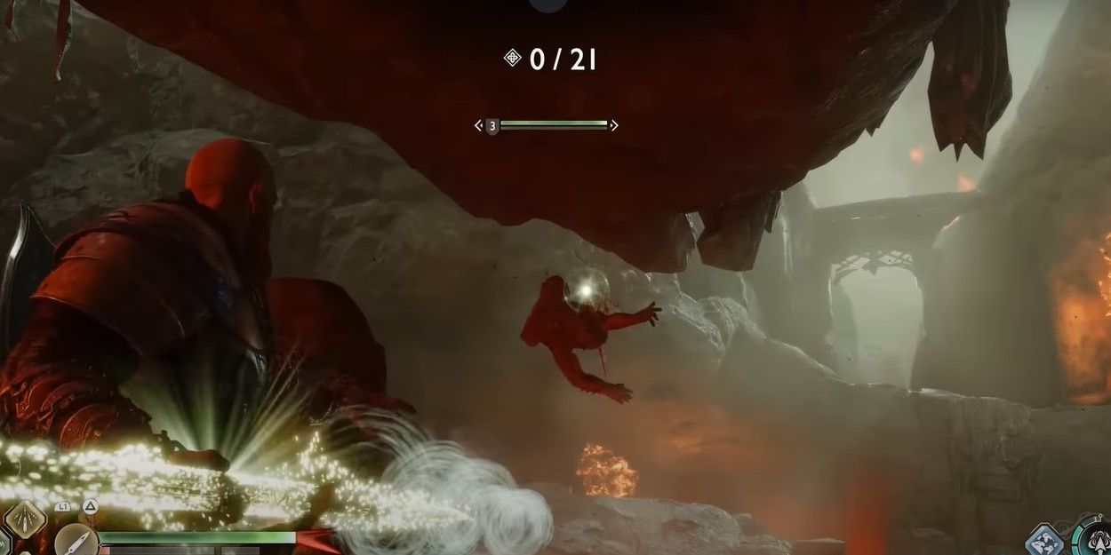 Kratos throwing spear at enemy on rock face in Ring Out Challenge