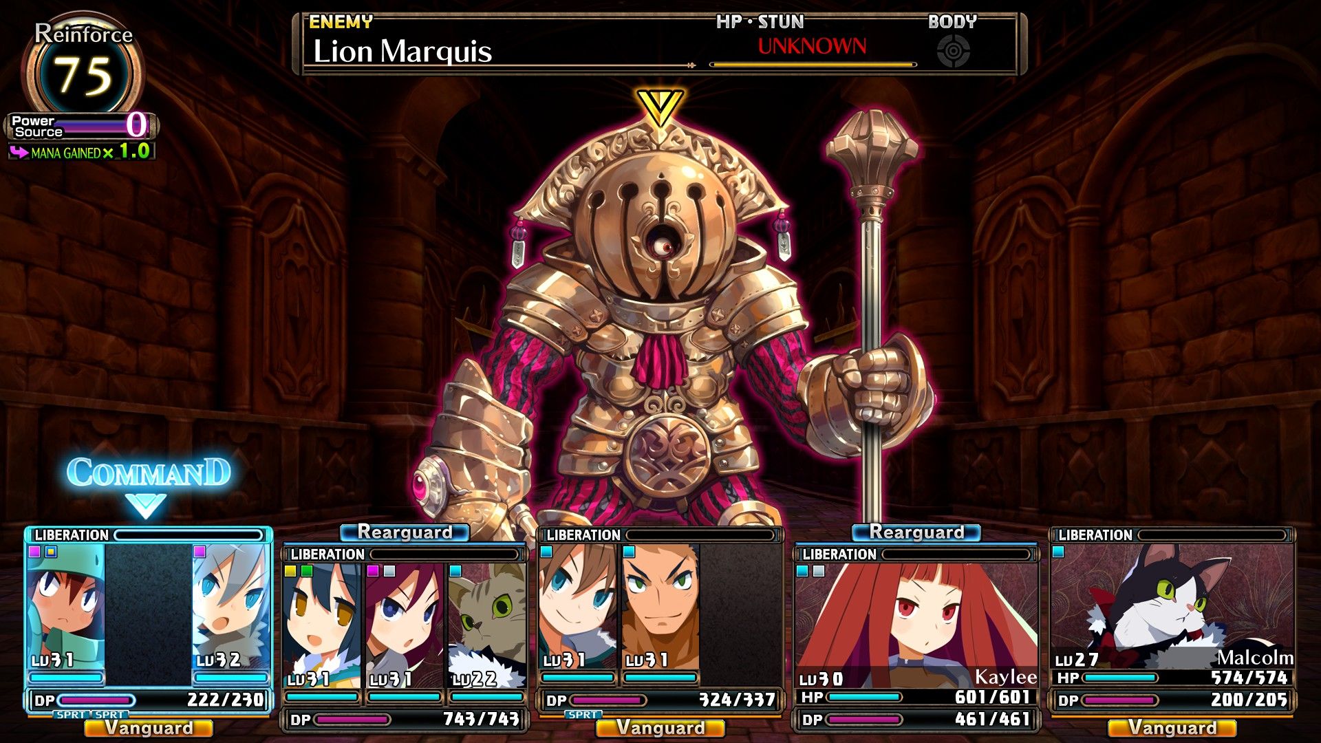 The party prepares multiple actions to play out a round against the Lion Marquis in Labyrinth Of Galleria: The Moon Society.