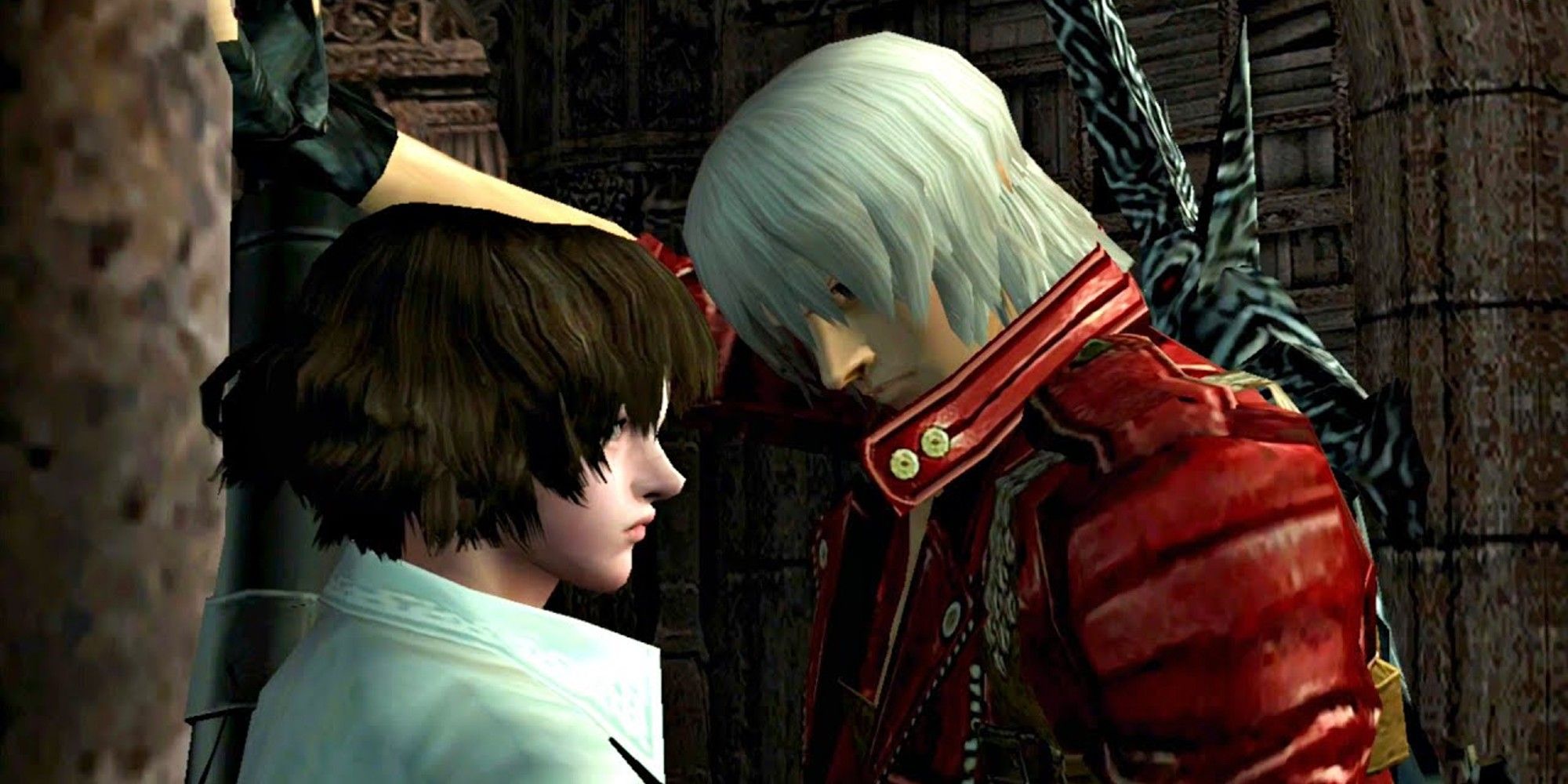 Dante presses Lady against the wall on the left - Devil May Cry 3