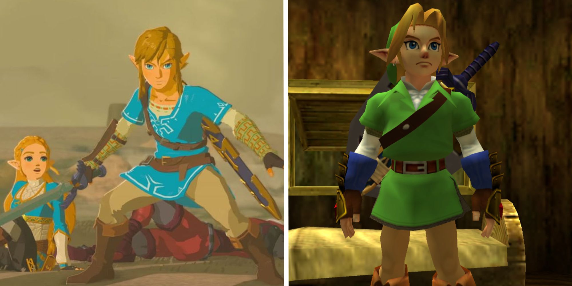 split image showing link from breath of the wild and ocarina of time