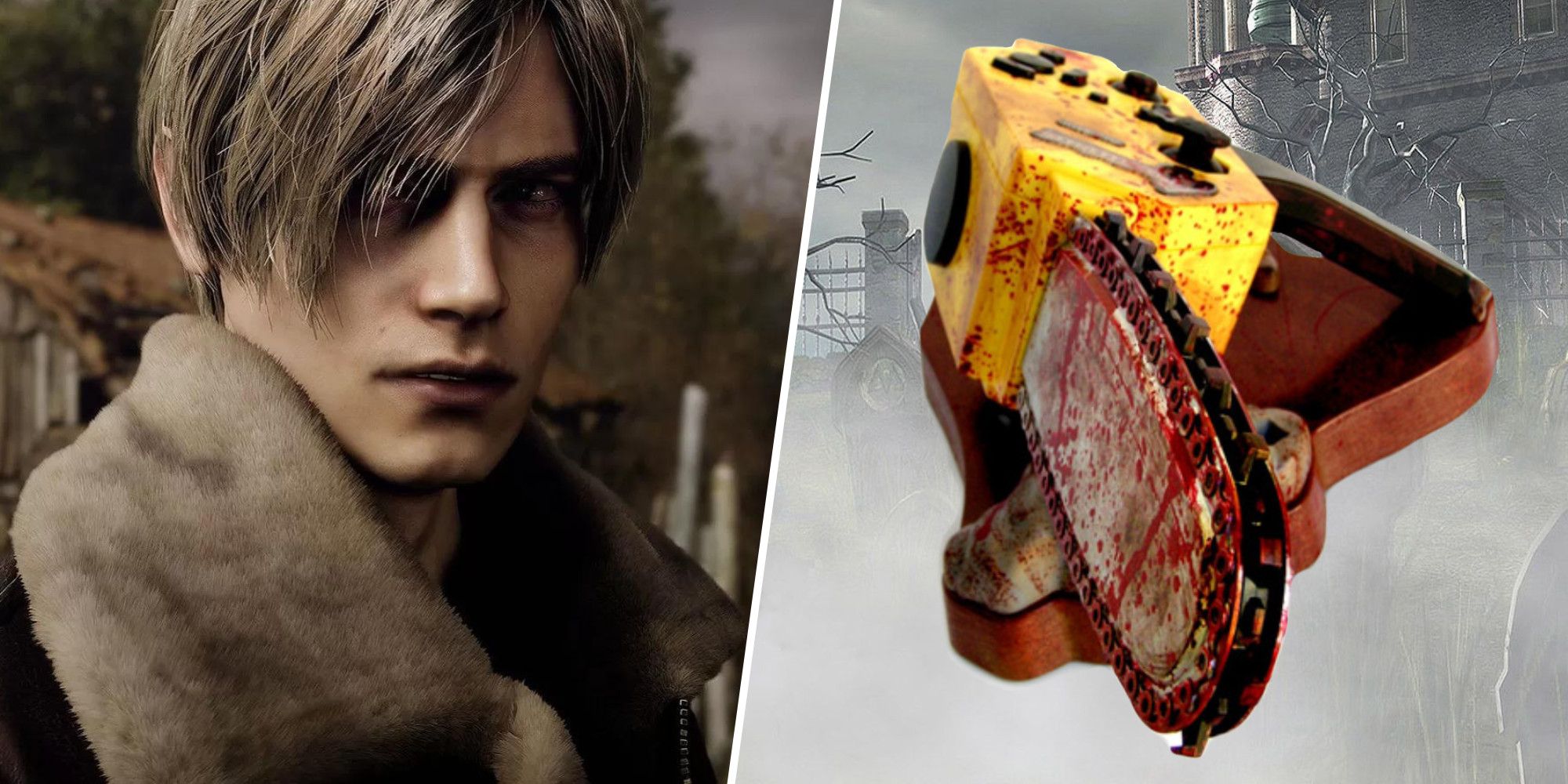 Leon Kennedy next to a chainsaw controller