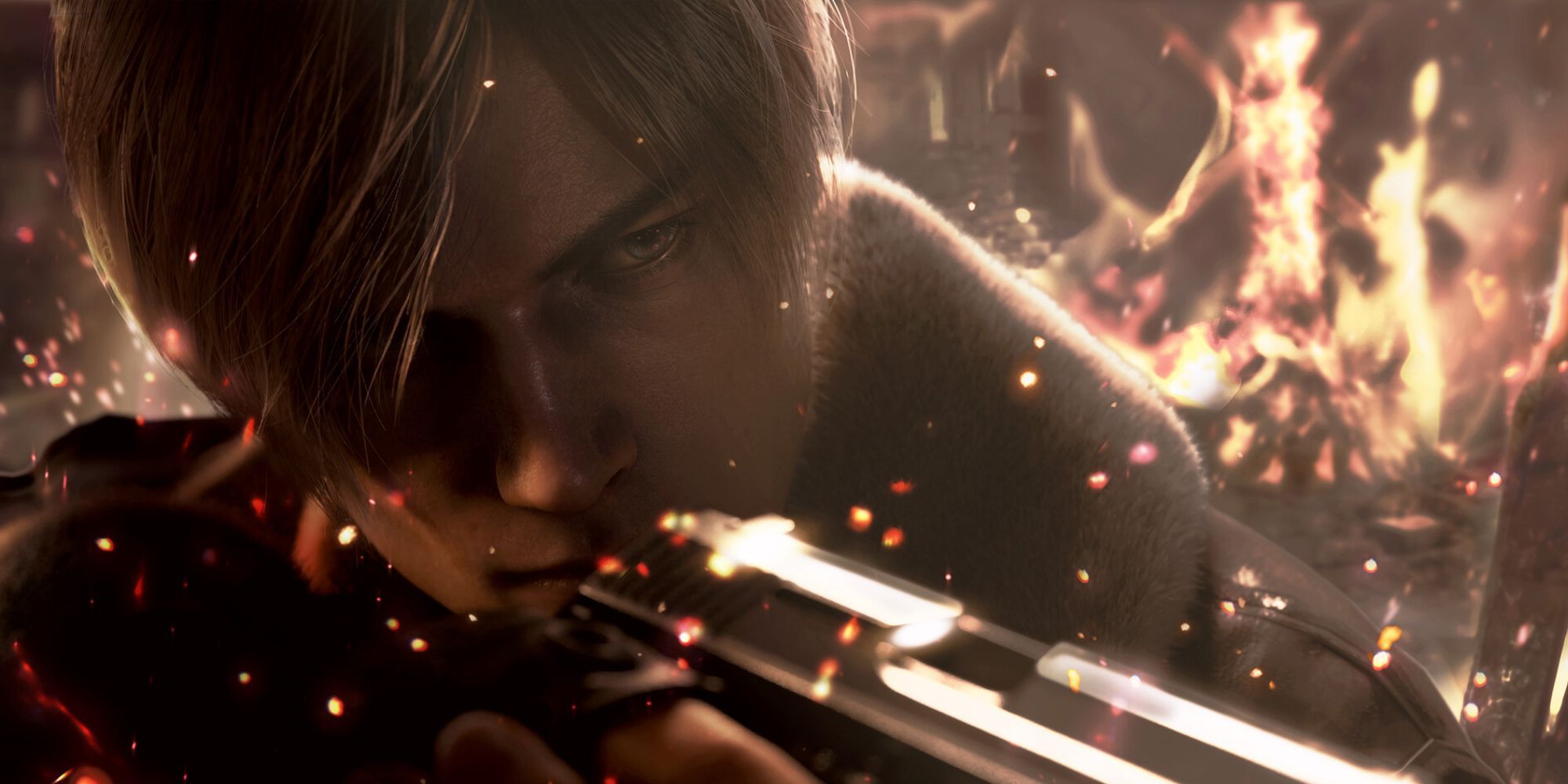 Leon in Resident Evil 4 remake aiming his pistol with flames engulfing him.