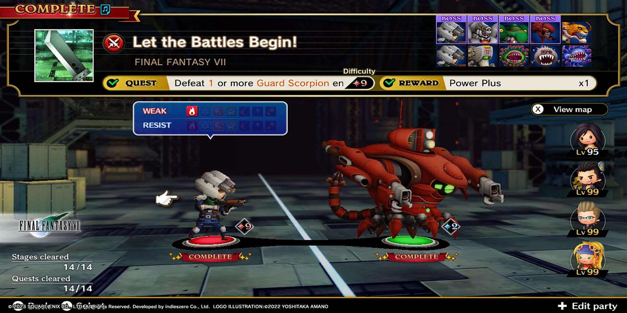 A Guard  confronts your party inside a Shinra generator facility on the Let The Battles Begin FF7 Quest Summary Page from Theatrhythm: Final Bar Line.