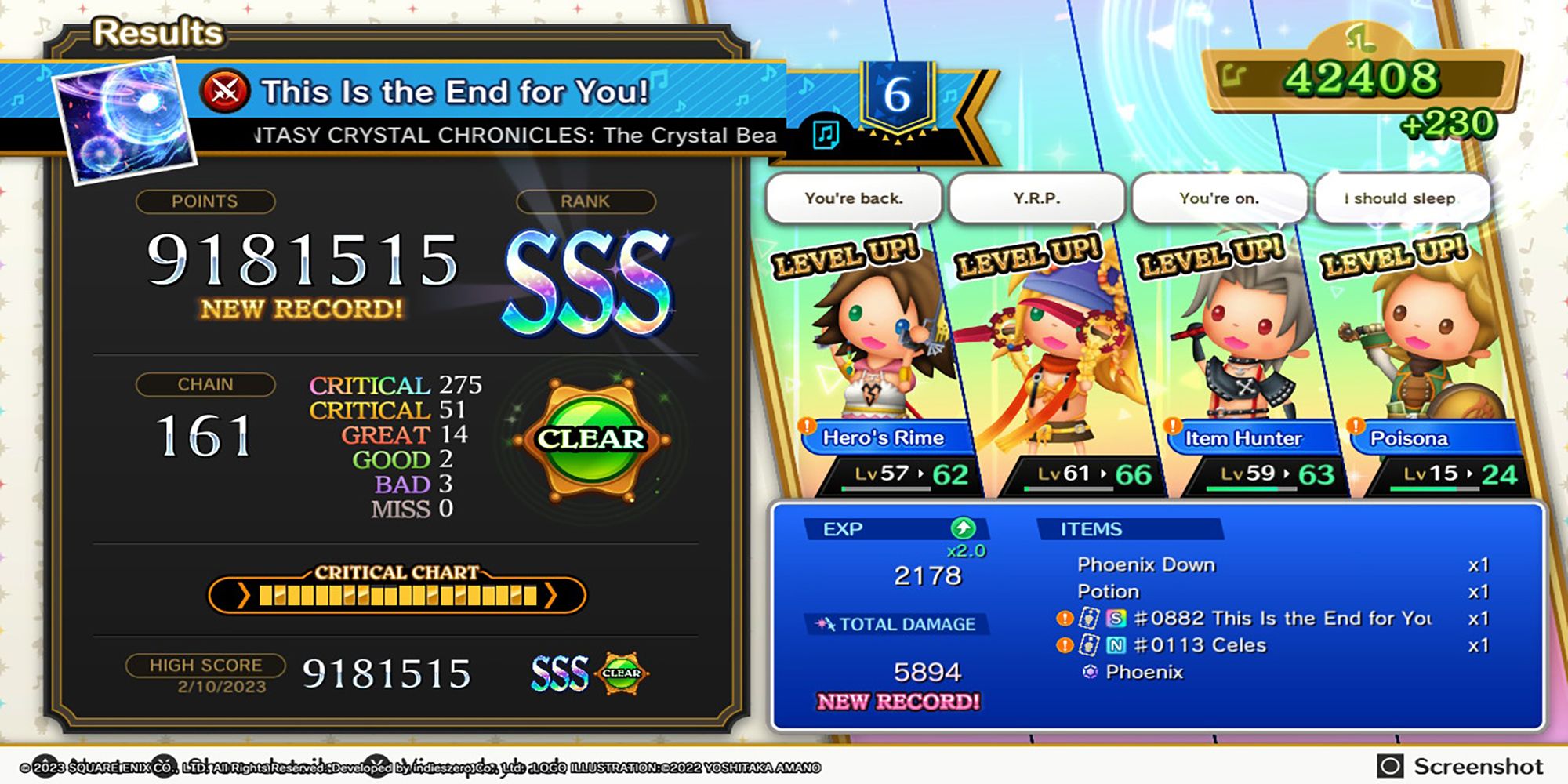 Yuna, Paine, and Ciaran jump for joy after learning new abilities in Theatrhythm: Final Bar Line.