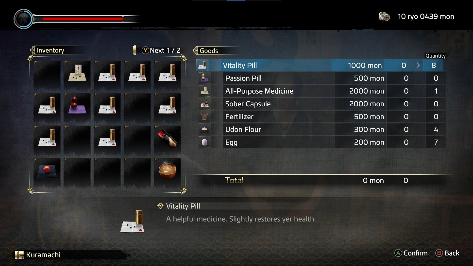 Like A Dragon Ishin, Combat Guide, Loading up on health restoring items