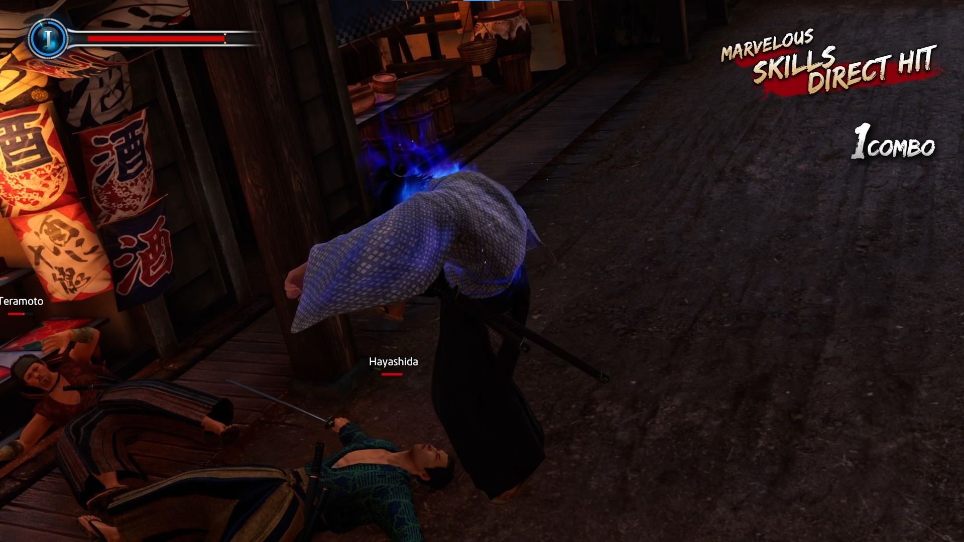 Like A Dragon Ishin, Combat Guide, Ryoma lifting his foot to stomp on an outlaw's face