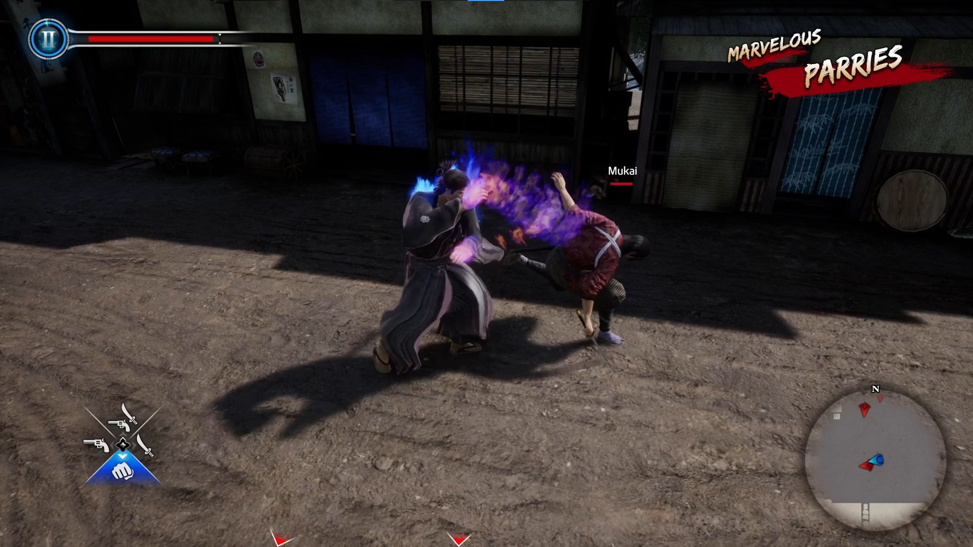Like A Dragon Ishin, Combat Guide, Ryoma parrying a thug and making them stumble forward