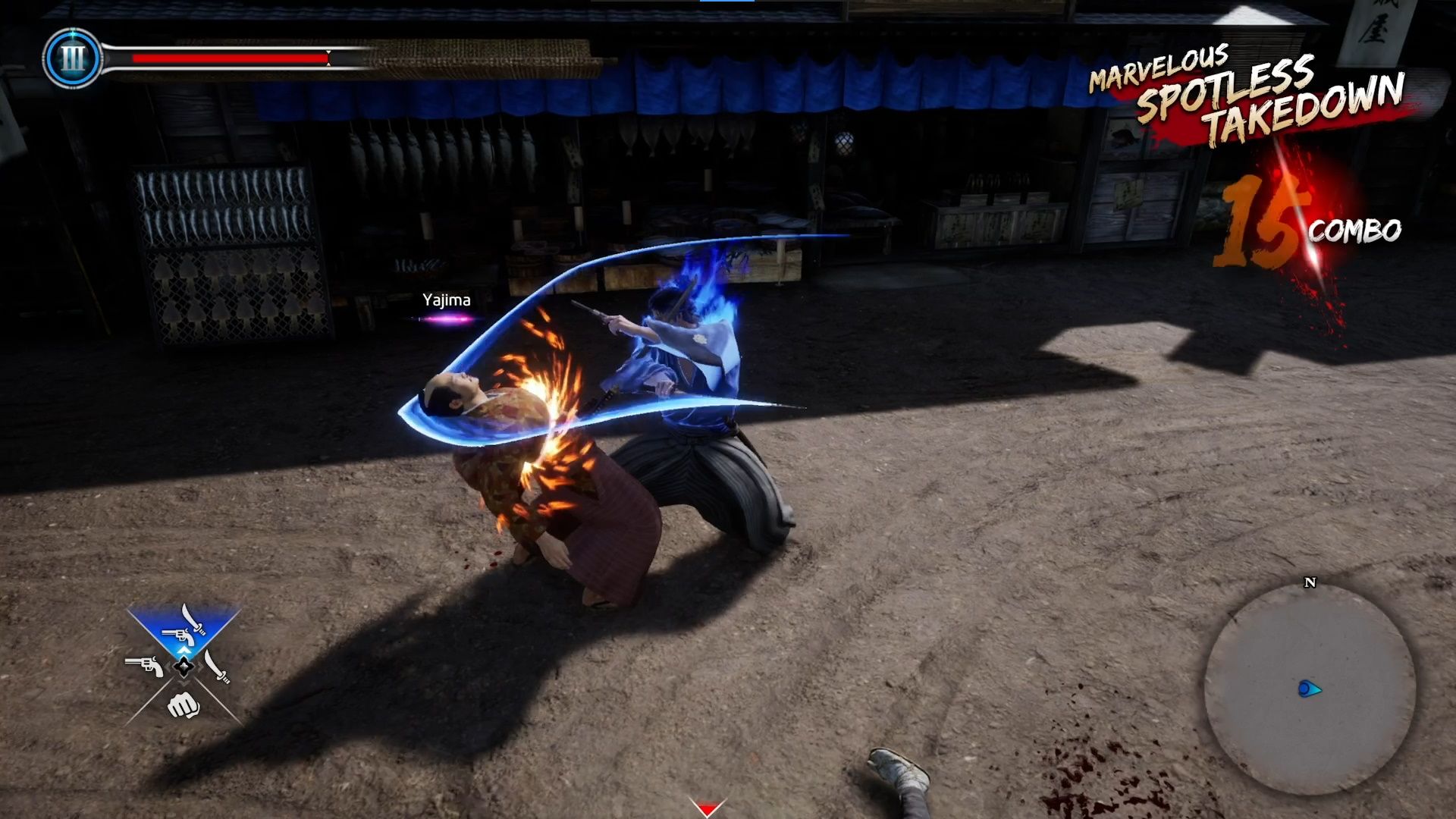 Like A Dragon Ishin, Combat Guide, Ryoma slashing an opponent while using the Wild Dance style