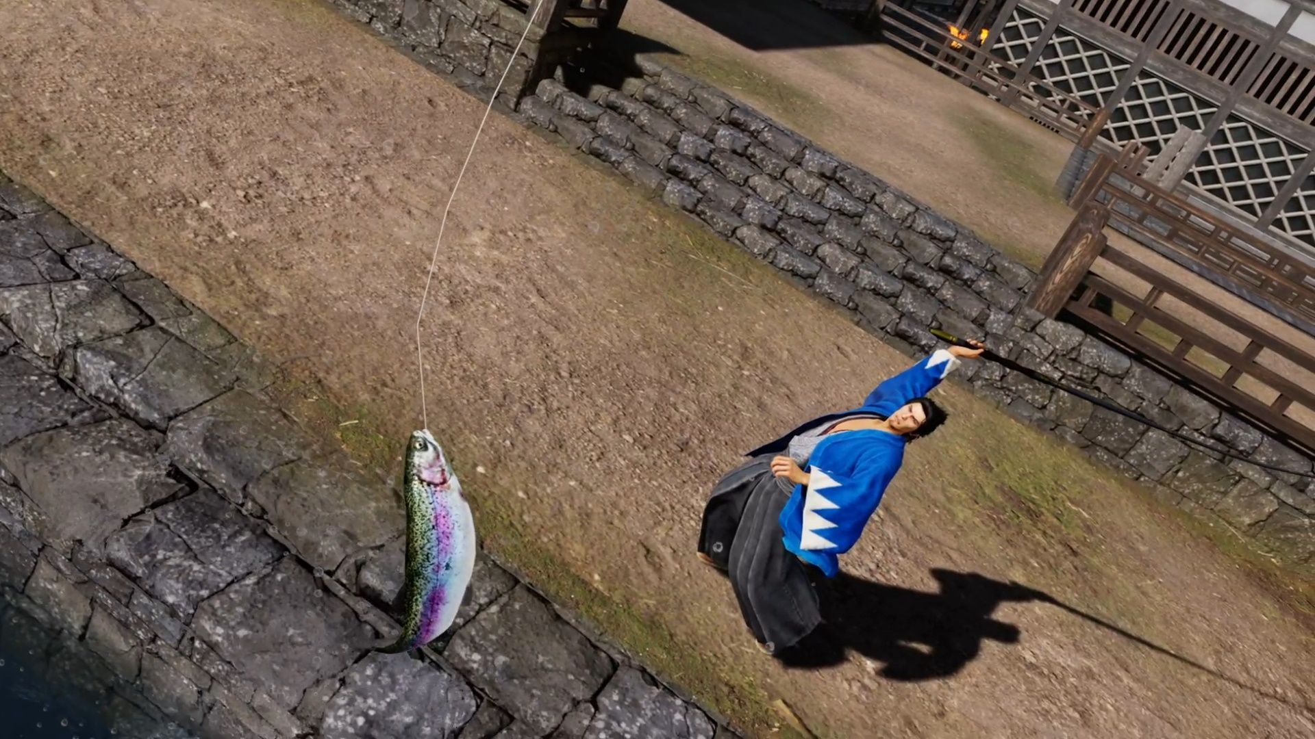 Like A Dragon Ishin, Fishing Guide, Ryoma catching a rainbow trout