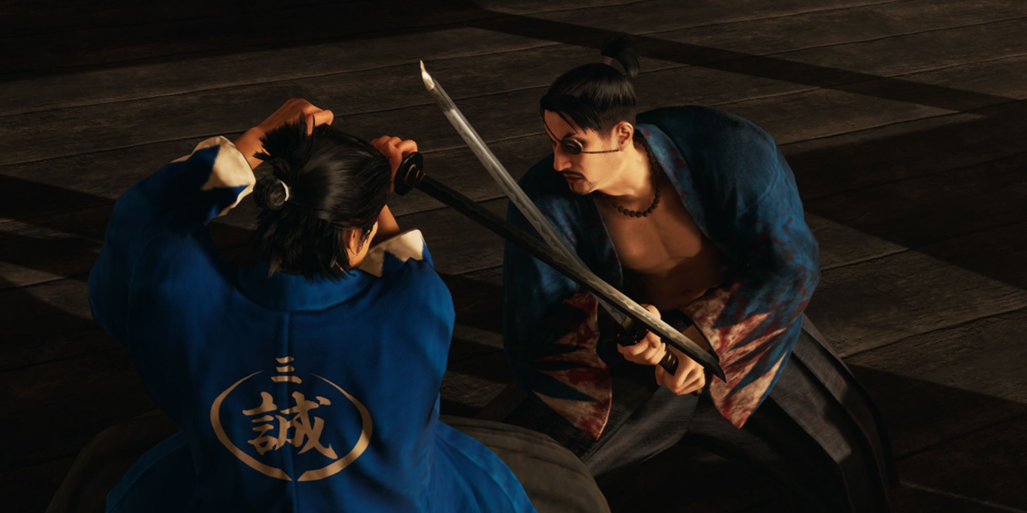 Like a Dragon Ishin - Ryoma and Okita fighting with katana.