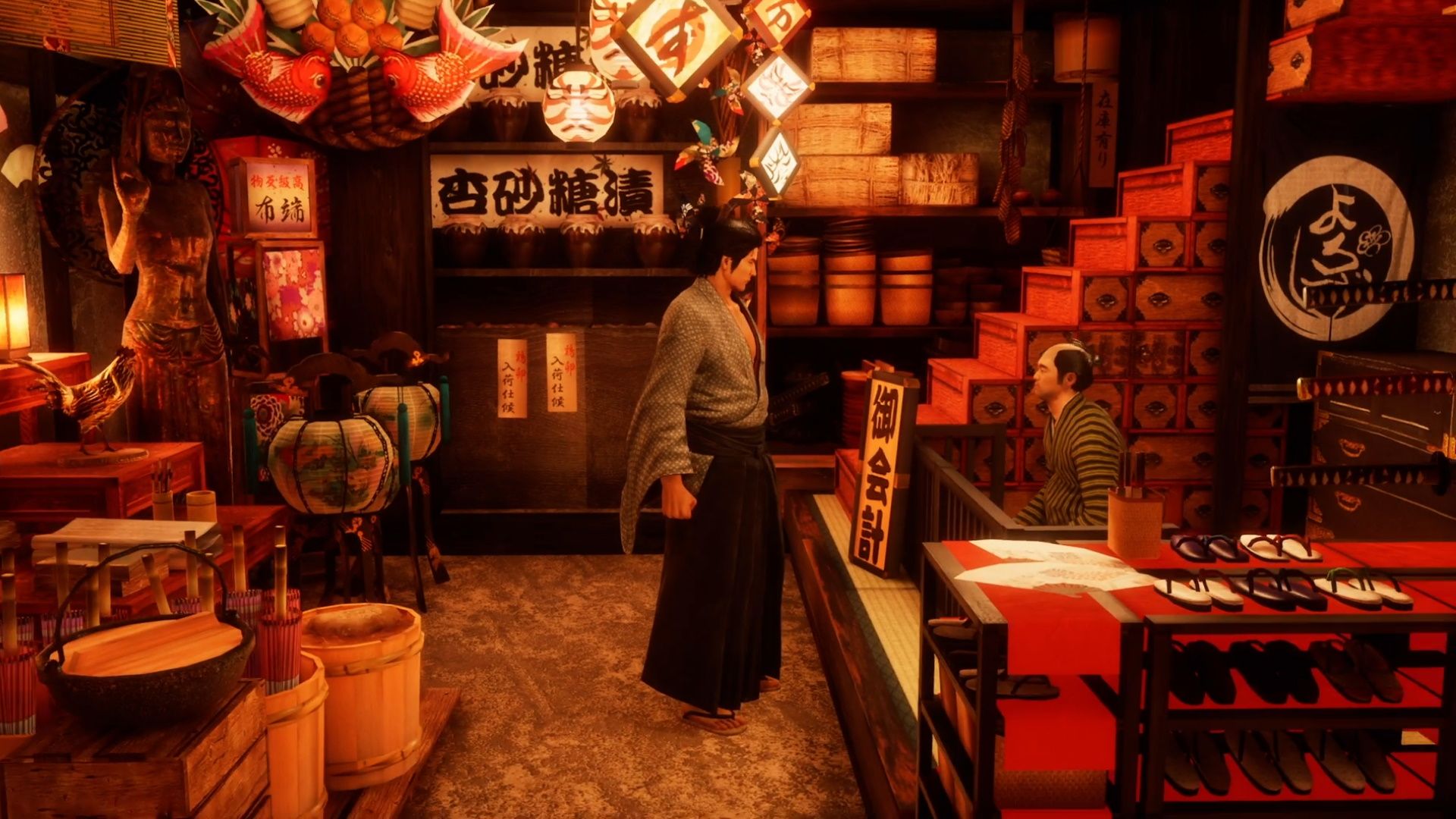 Like A Dragon Ishin, Ryoma chatting with the Ichikura Pawn Shop owner