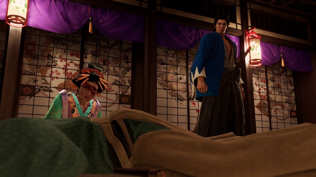 Like a Dragon Ishin - Ryoma standing beside a blood-covered woman and a body.