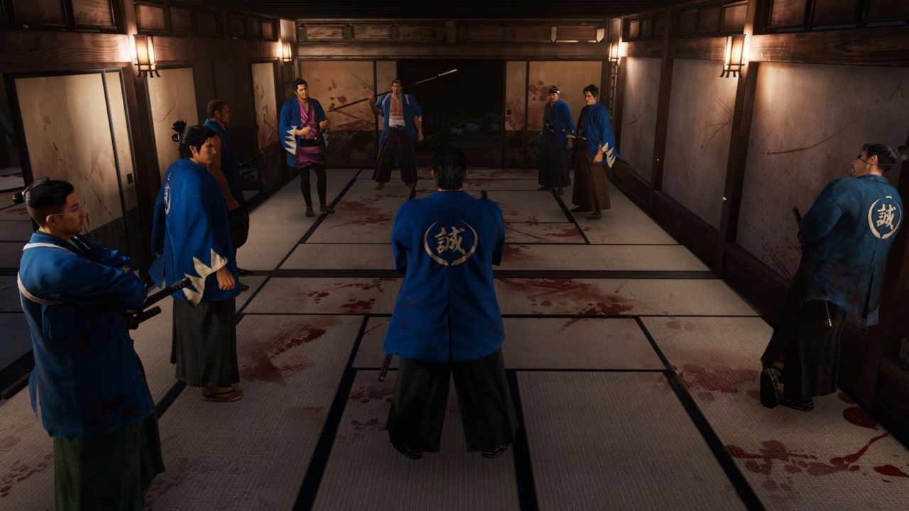 Like a Dragon Ishin - the Shinsengumi captains standing in a blood-soaked room.