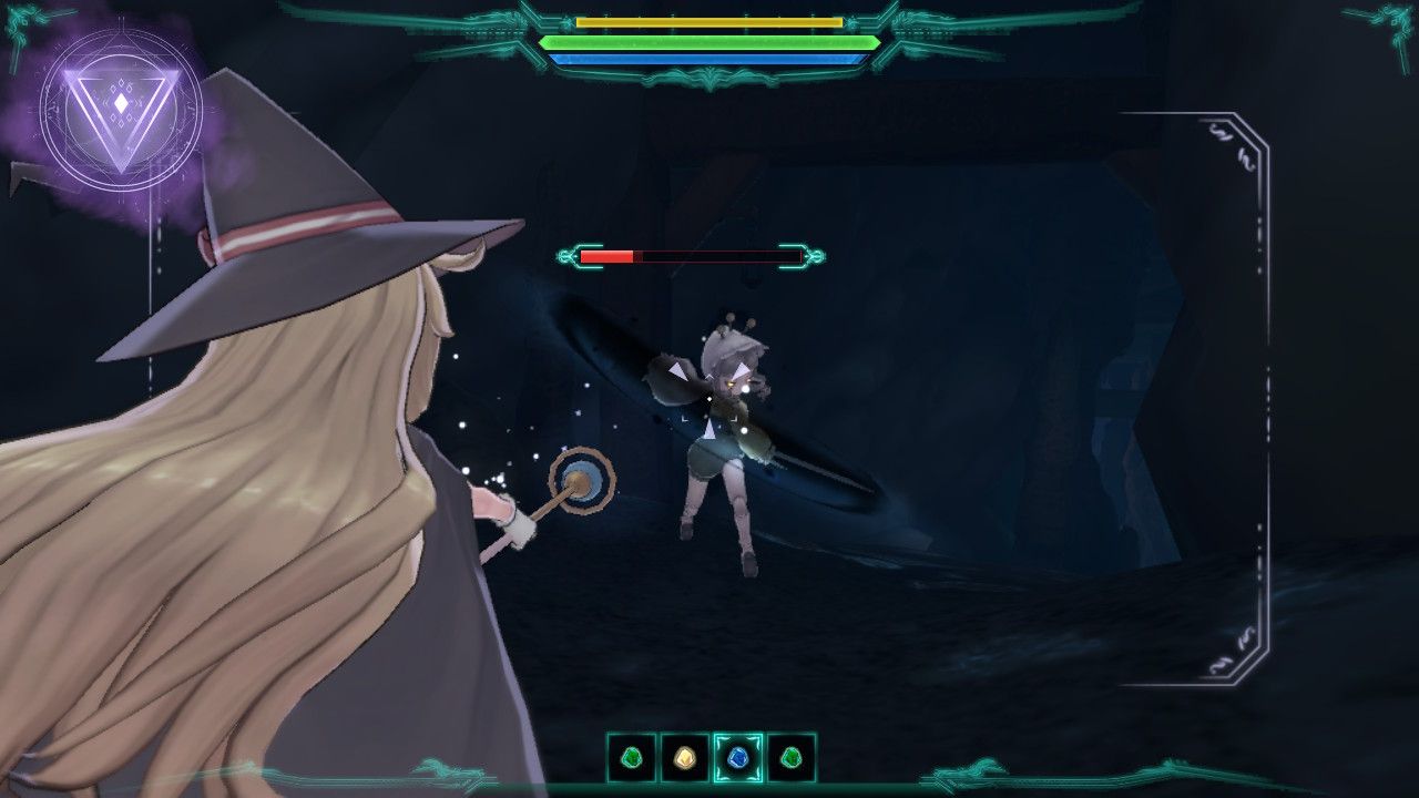 Nobeta prepares an Arcane attack to use against a Maid while inside the Underground Cave in Little Witch Nobeta.