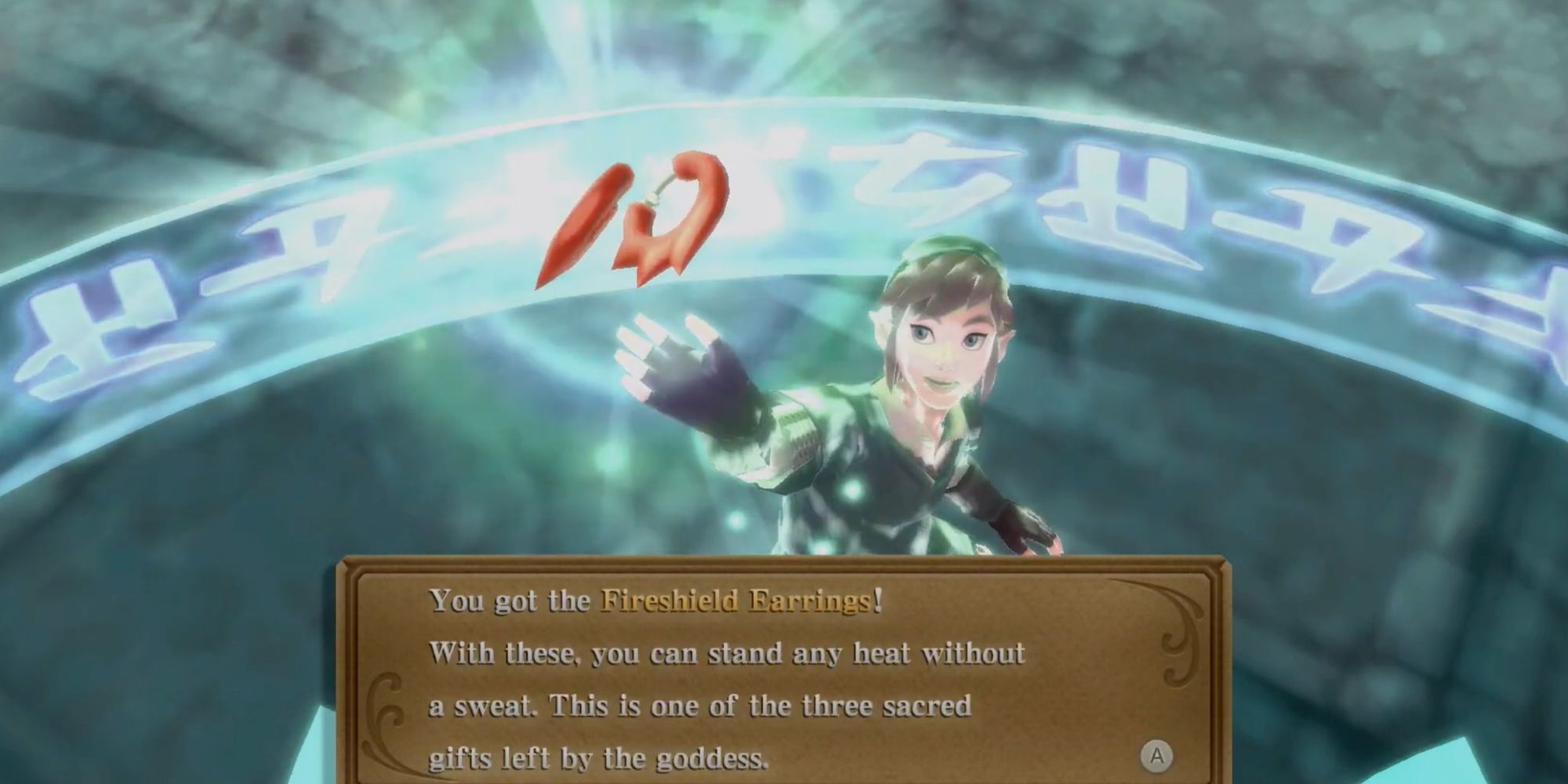 Link Holding the Fireshield Earrings from The Legend of Zelda: Skyward Sword