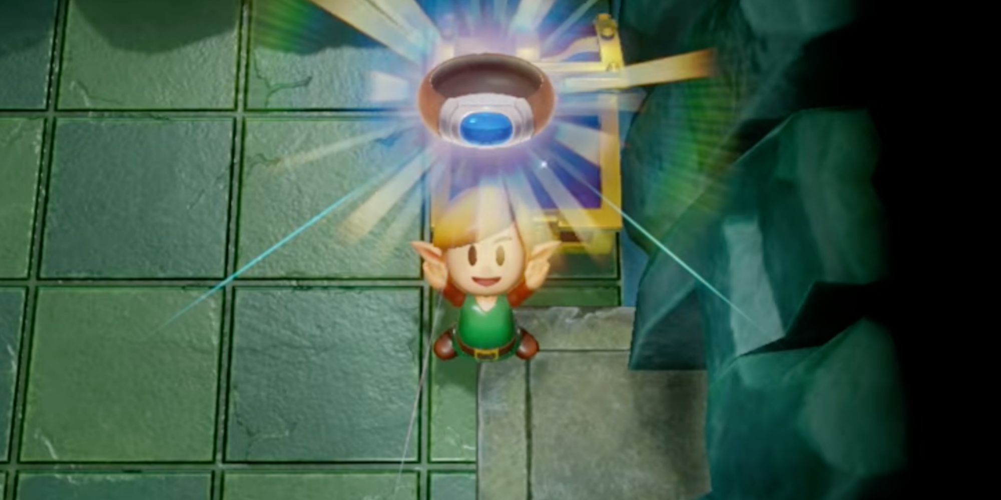 Link holding the Power Bracelet from The Legend of Zelda: Link's Awakening (2019)