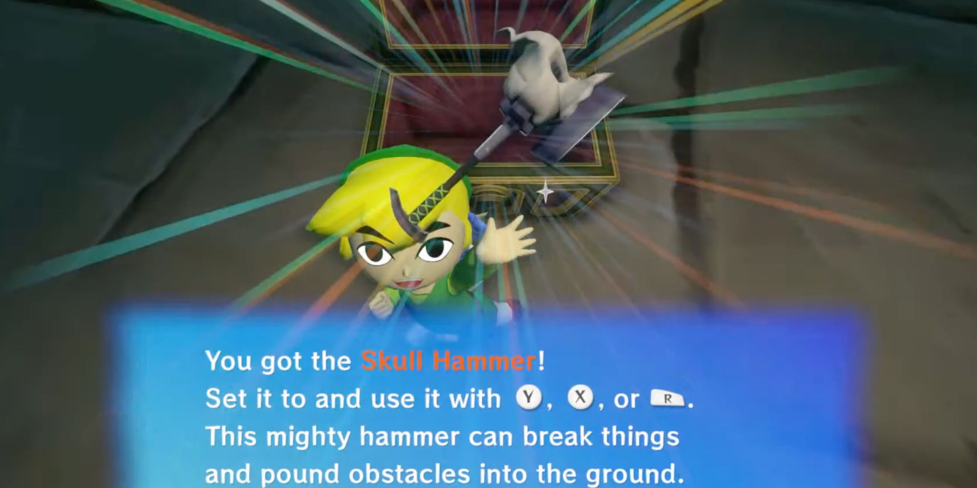 Link Holding the Skull Hammer from The Legend of Zelda: Wind Waker HD