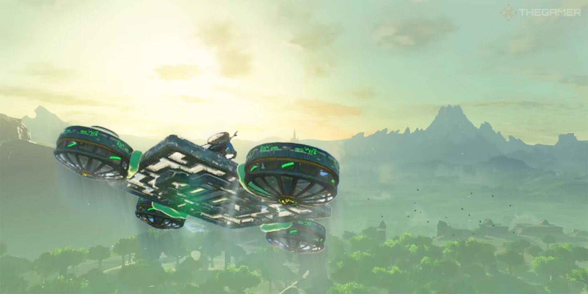 Link riding his hovercraft in The Legend of Zelda: Tears of the Kingdom.