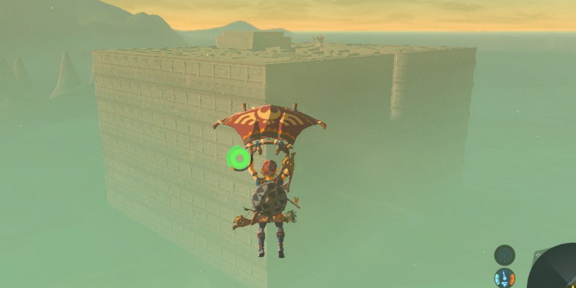 Link paraglides to a Labyrinth in Breath of the Wild.