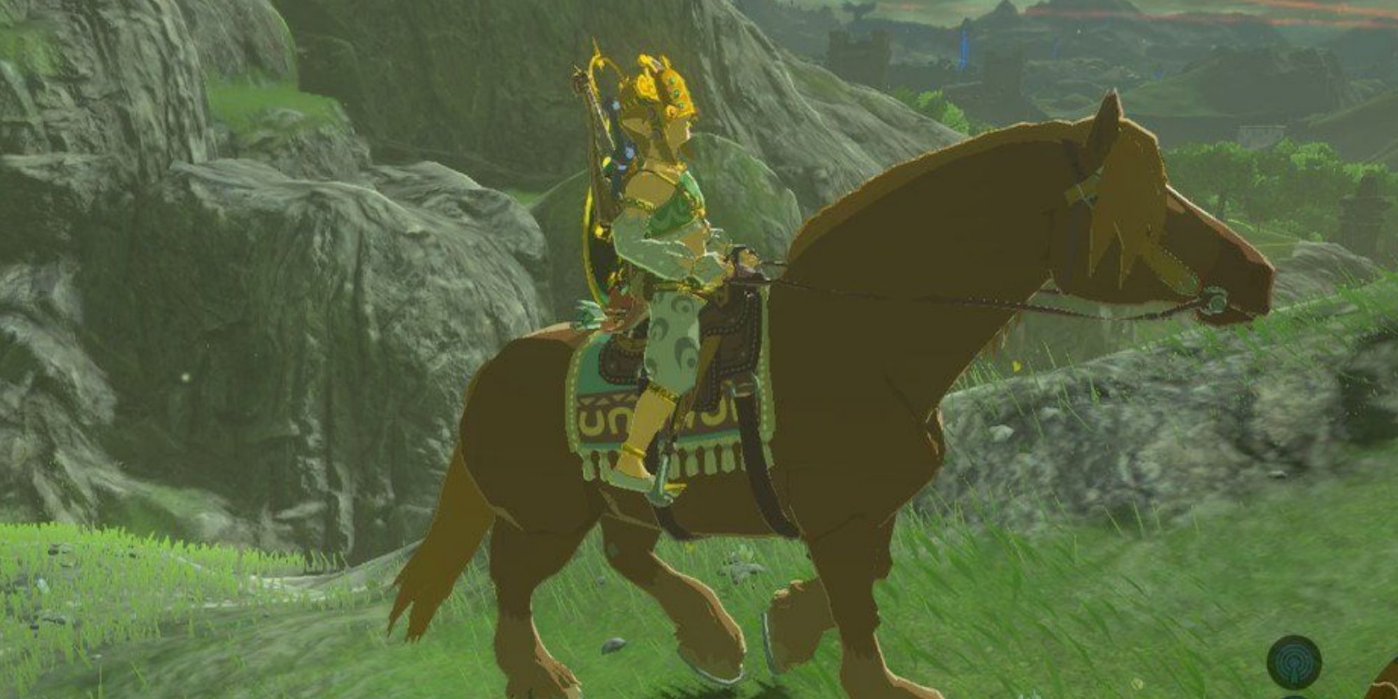 Link riding a horse across a rocky area.